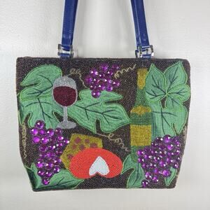 VTG Unbranded Womens Tote Bag Purse Beaded Embroidered Wine Grapes 90s Y2K Funky